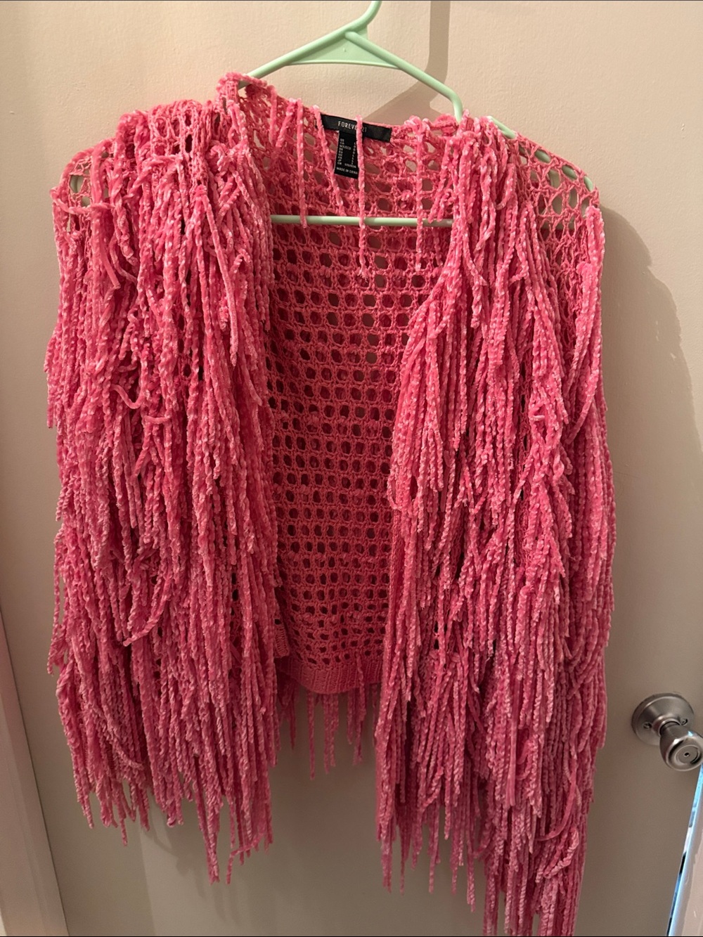 Forever 21 Pink Open-Knit Fringe Cardigan